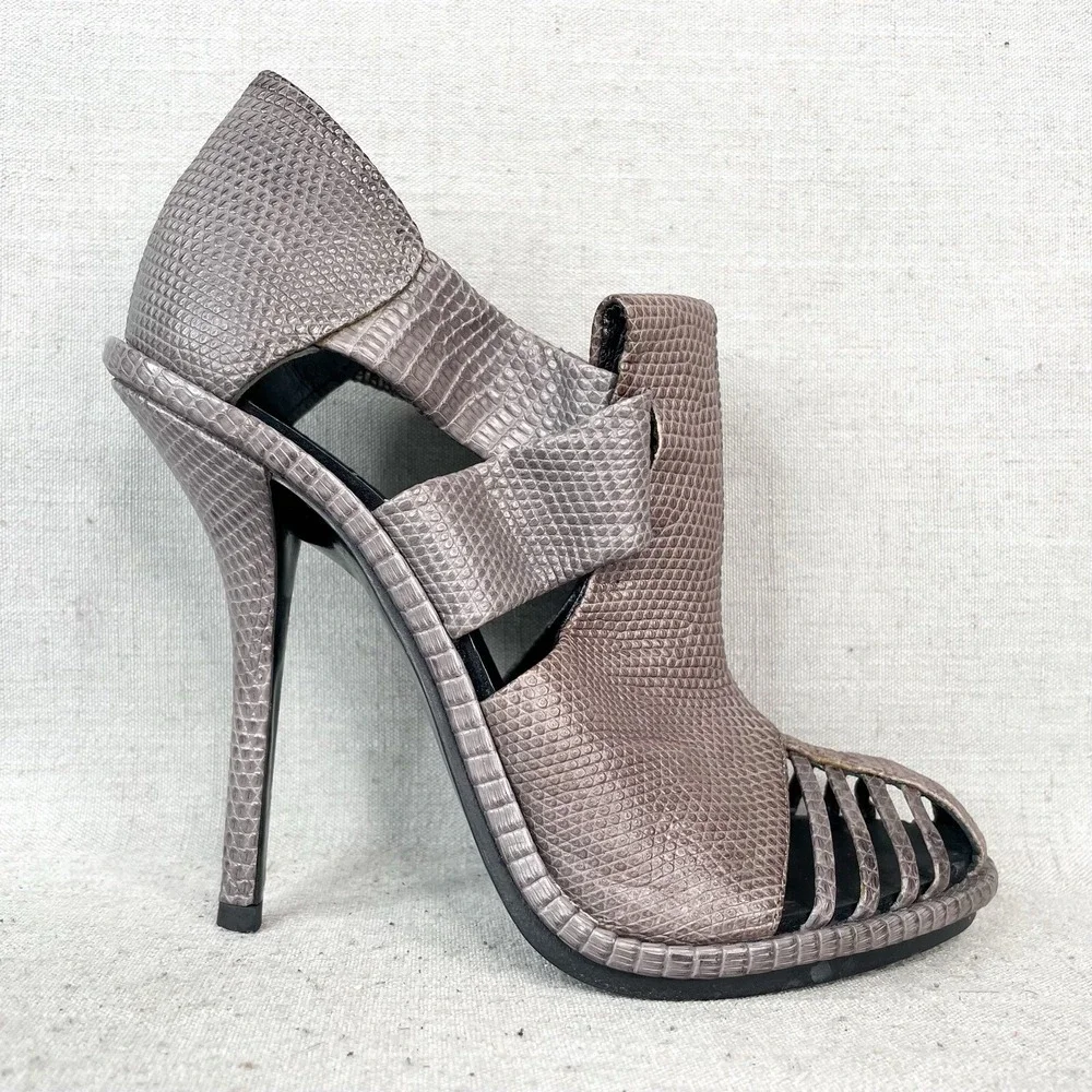 Balenciaga Womens 37 Bootie Gray Embossed Leather Caged Pumps Stiletto High Heel